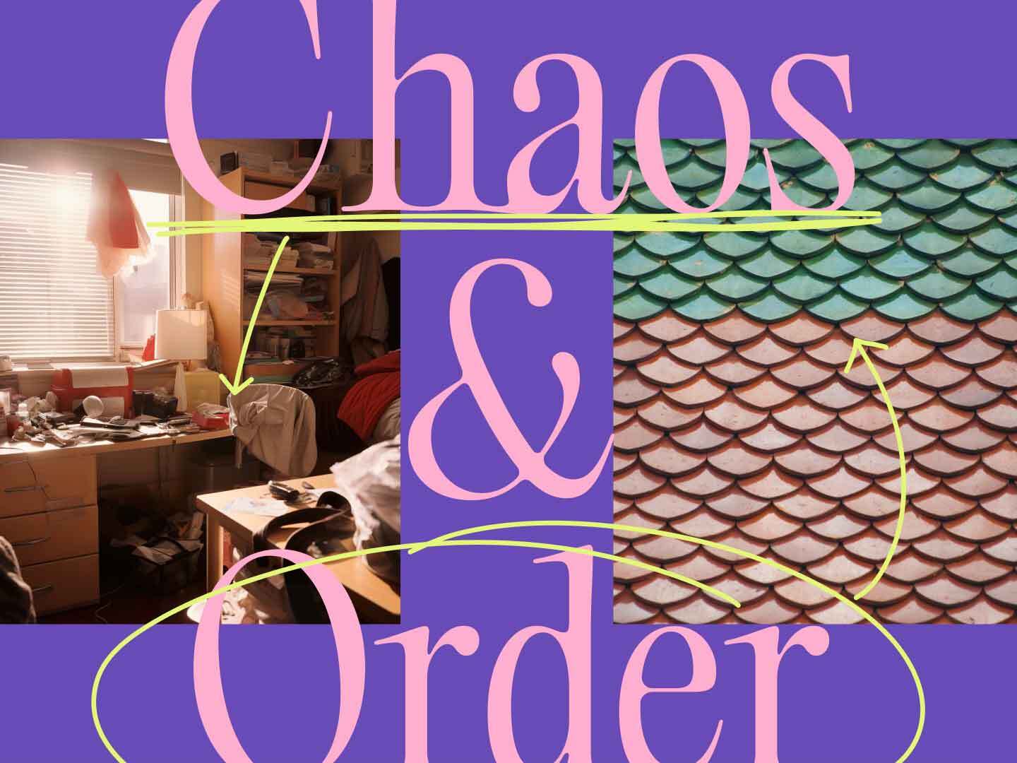 Chaos & Order key graphic blog content depicting a messy room and a neatly ordered tile pattern