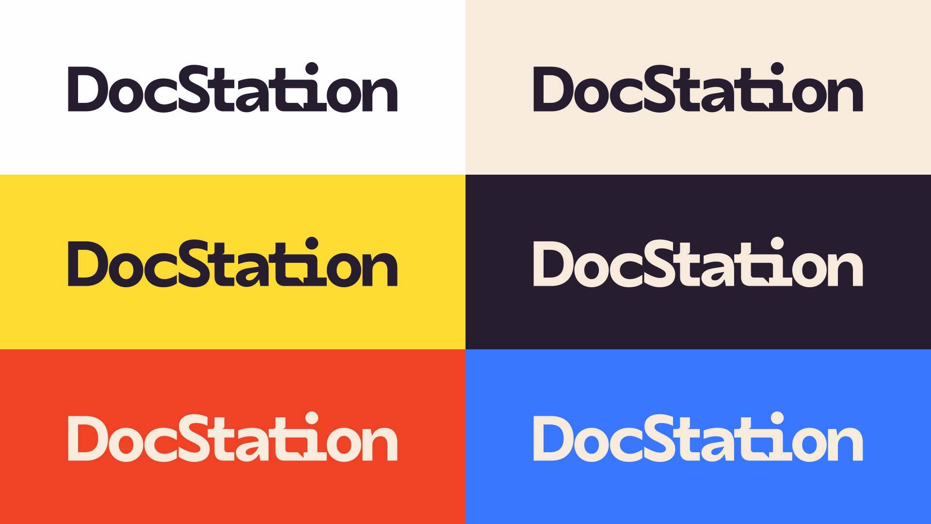 Primary logo design for DocStation in light and dark on all of the brand colors