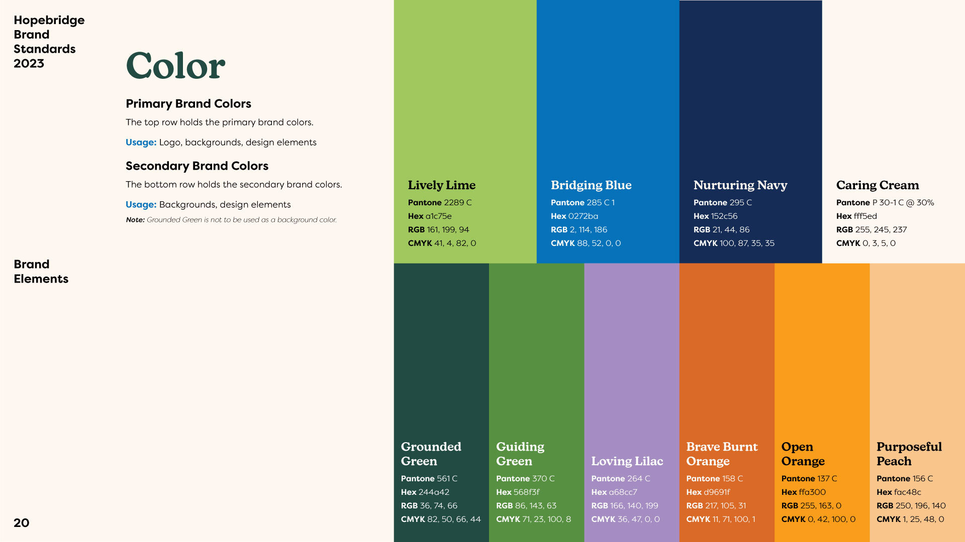 Hopebridge brand standards guide page dedicated to the brand's color palette