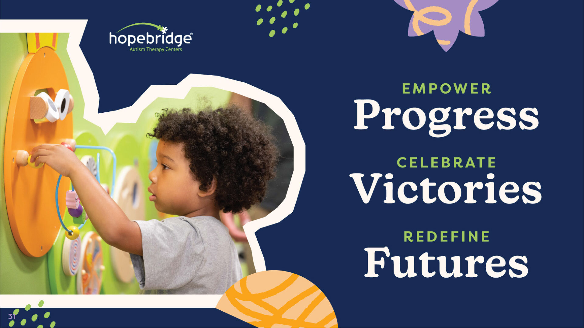 Hopebridge brand standards page 31 with a collage of imagery and some text reading "EMPOWER Progress," "CELEBRATE Victories," and "REDEFINE Futures"