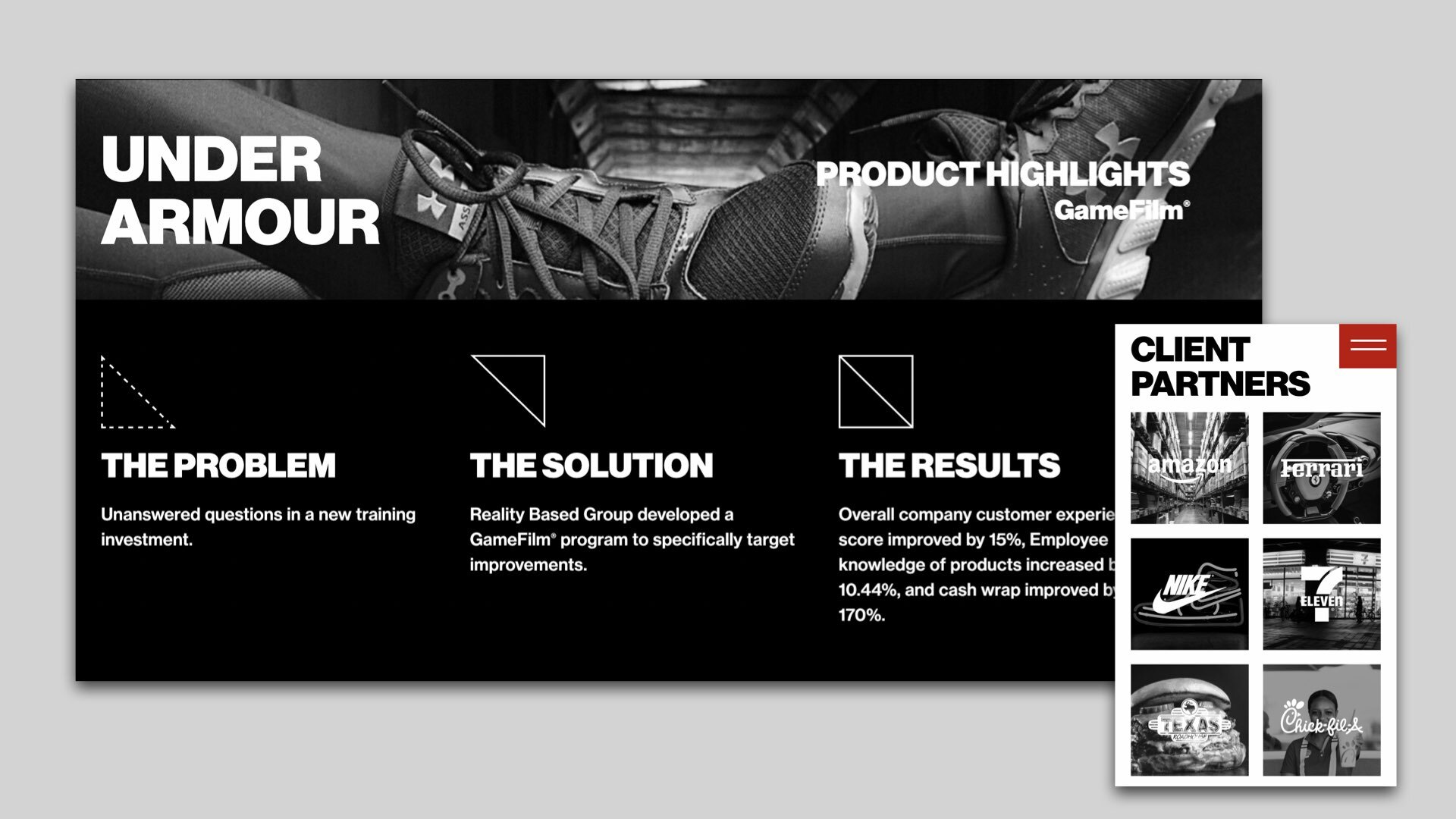Website design examples for Reality Based Group showing a case studies gallery