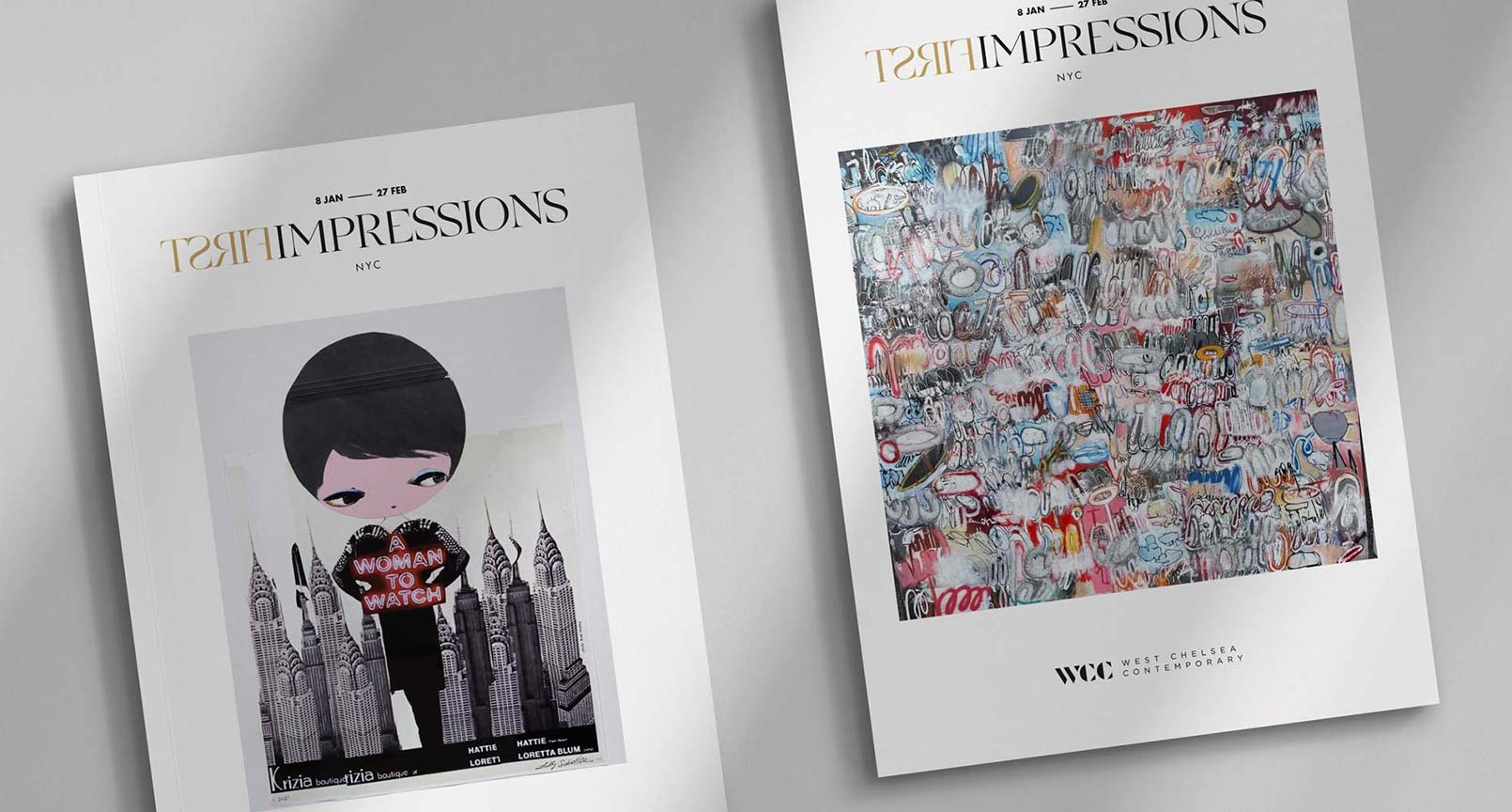 Light mode graphic design of the show program for art gallery West Chelsea Contemporary's "First Impressions" art show