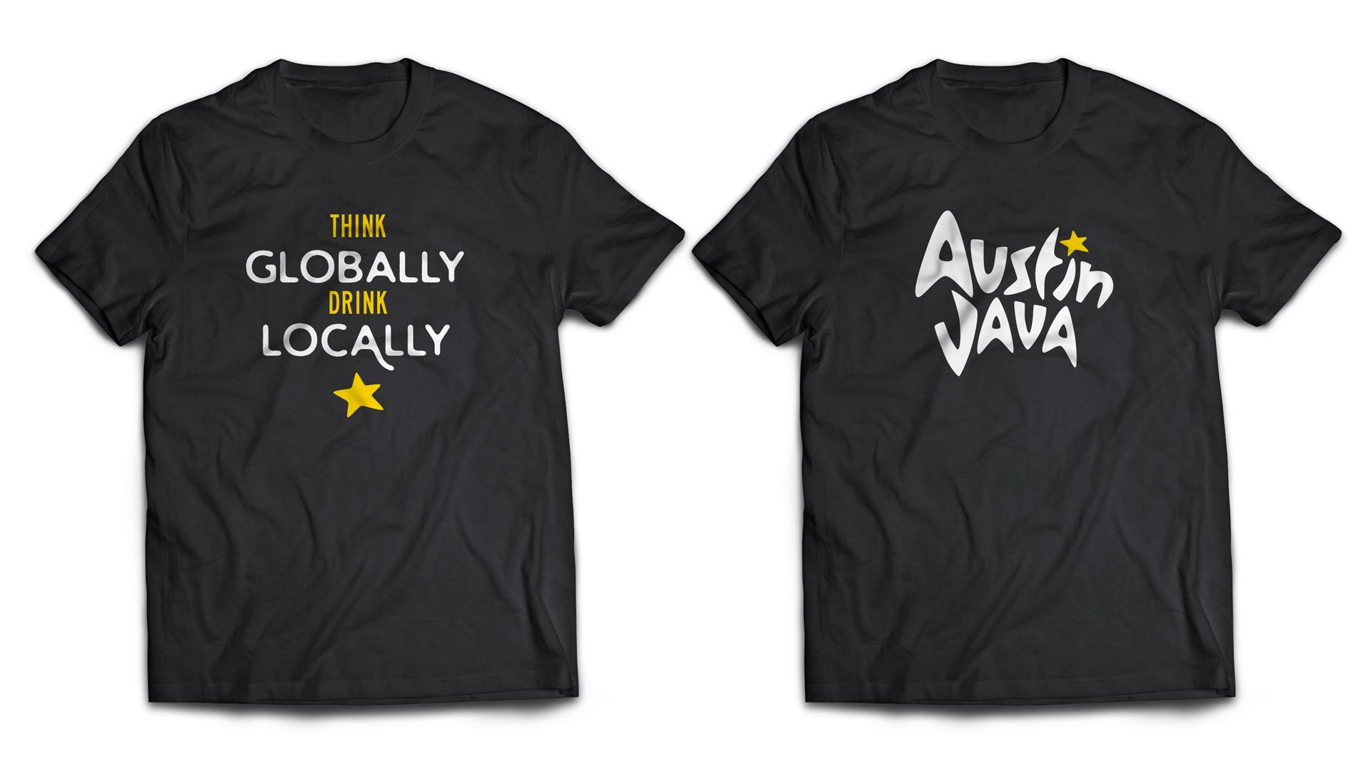 T-shirt design for Austin Java reading "Think Globally, Shop Locally"