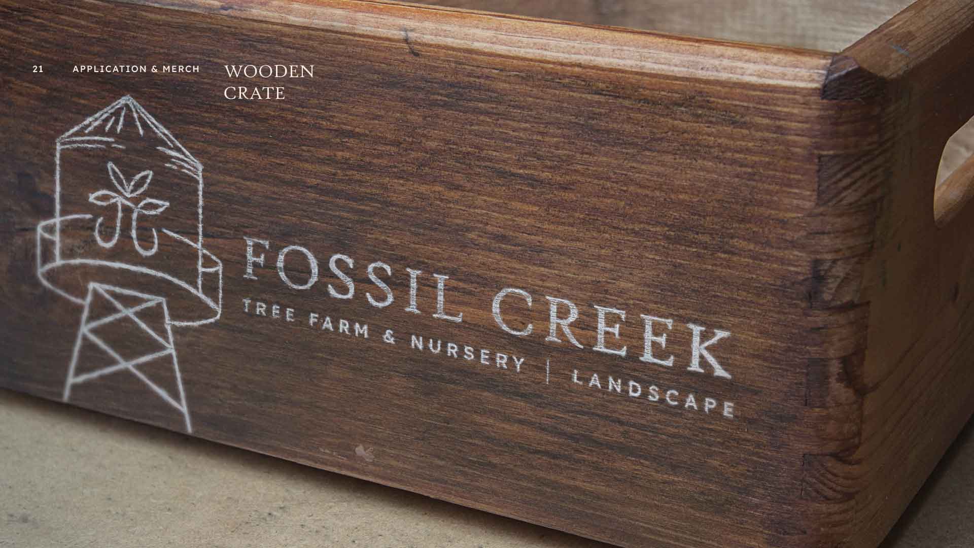 Fossil Creek Tree Farm brand design applied to a wooden apple crate