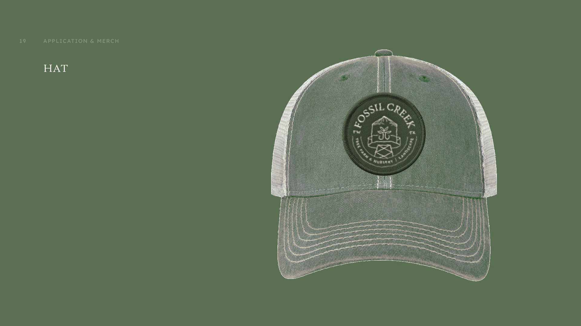 Fossil Creek Tree Farm brand design on a baseball cap