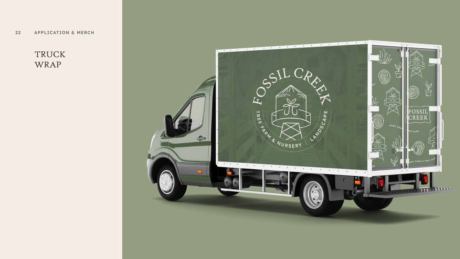 Fossil Creek Tree Farm brand design applied to the side and back of delivery van