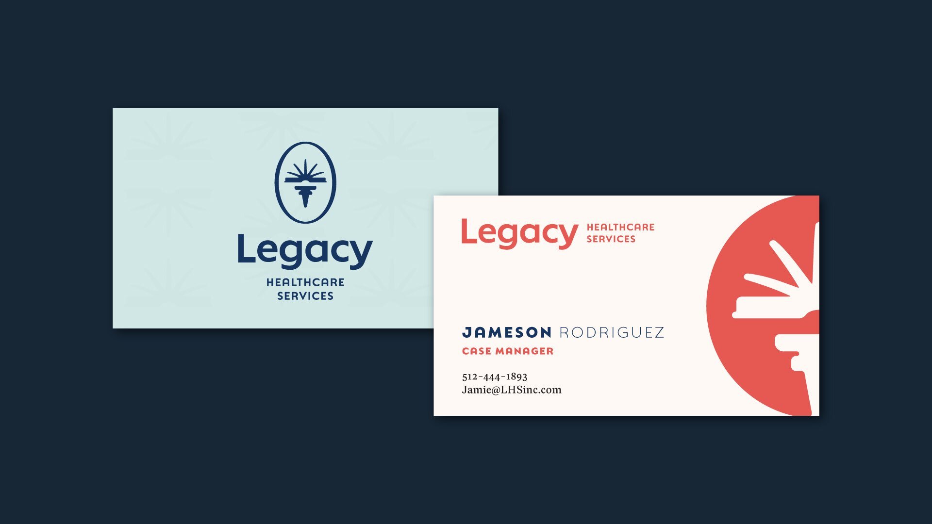 Legacy Healthcare Services rebrand logo design applied to business cards