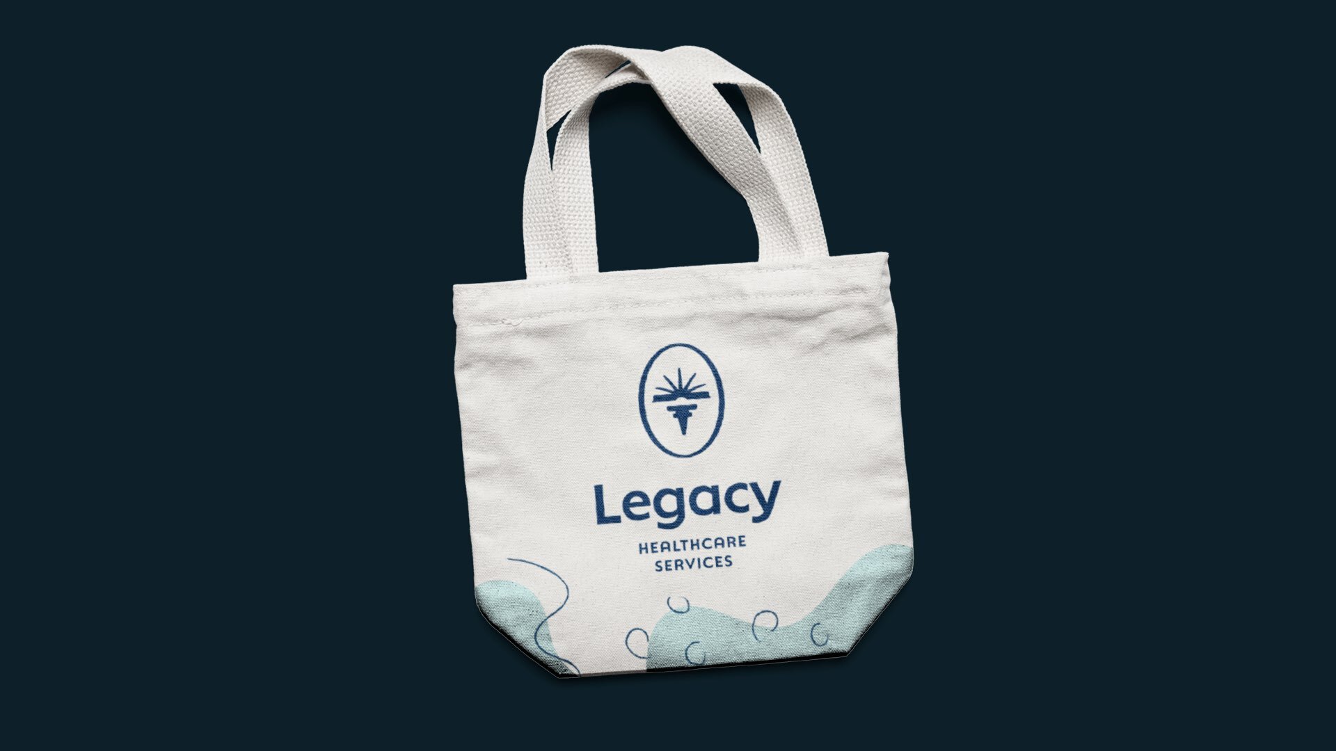 Legacy Healthcare Services rebrand logo design applied to a tote bag
