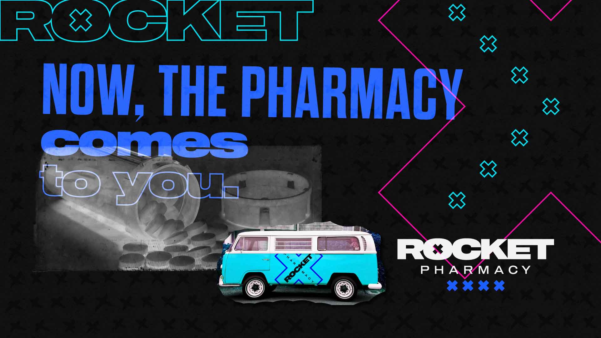 Rocket Pharmacy brand design key graphic which reads "Now, the pharmacy comes to you."