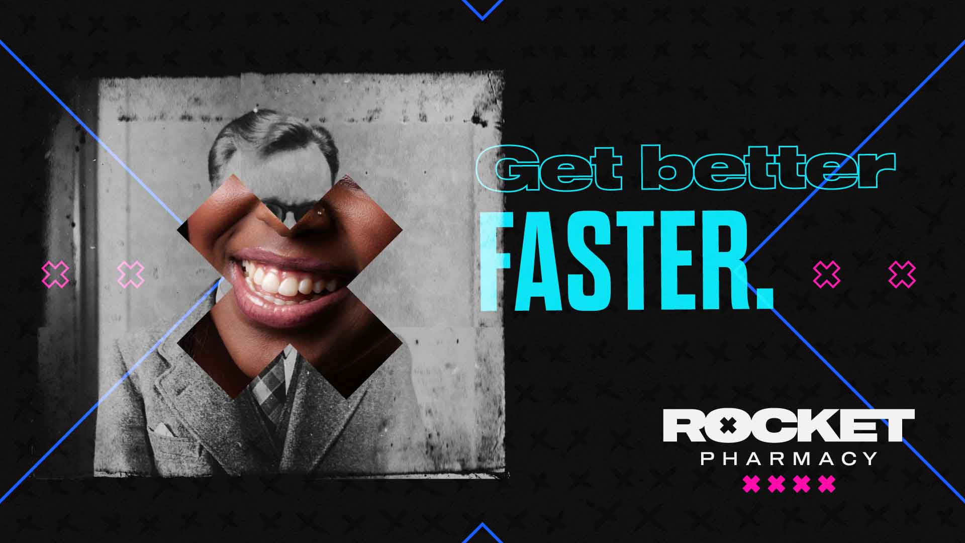 Rocket Pharmacy brand design key graphic which reads "Get better faster."
