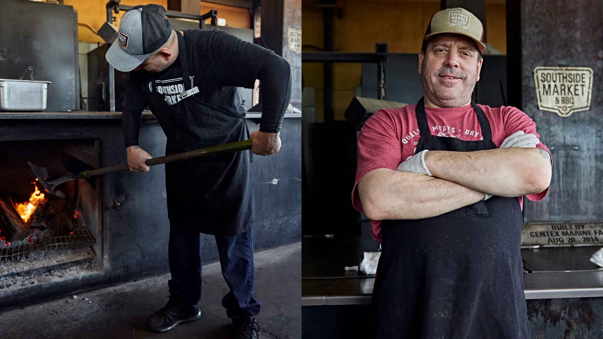 Lifestyle photography of a couple of BBQ pit managers at Southside Market & Barbequie