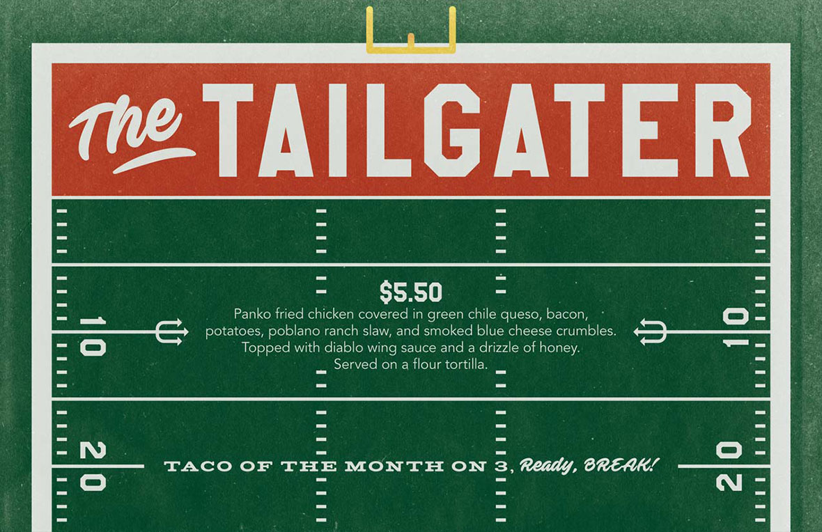 Graphic design poster for Torchy's Tacos Taco of the Month, The Tailgater, version 1