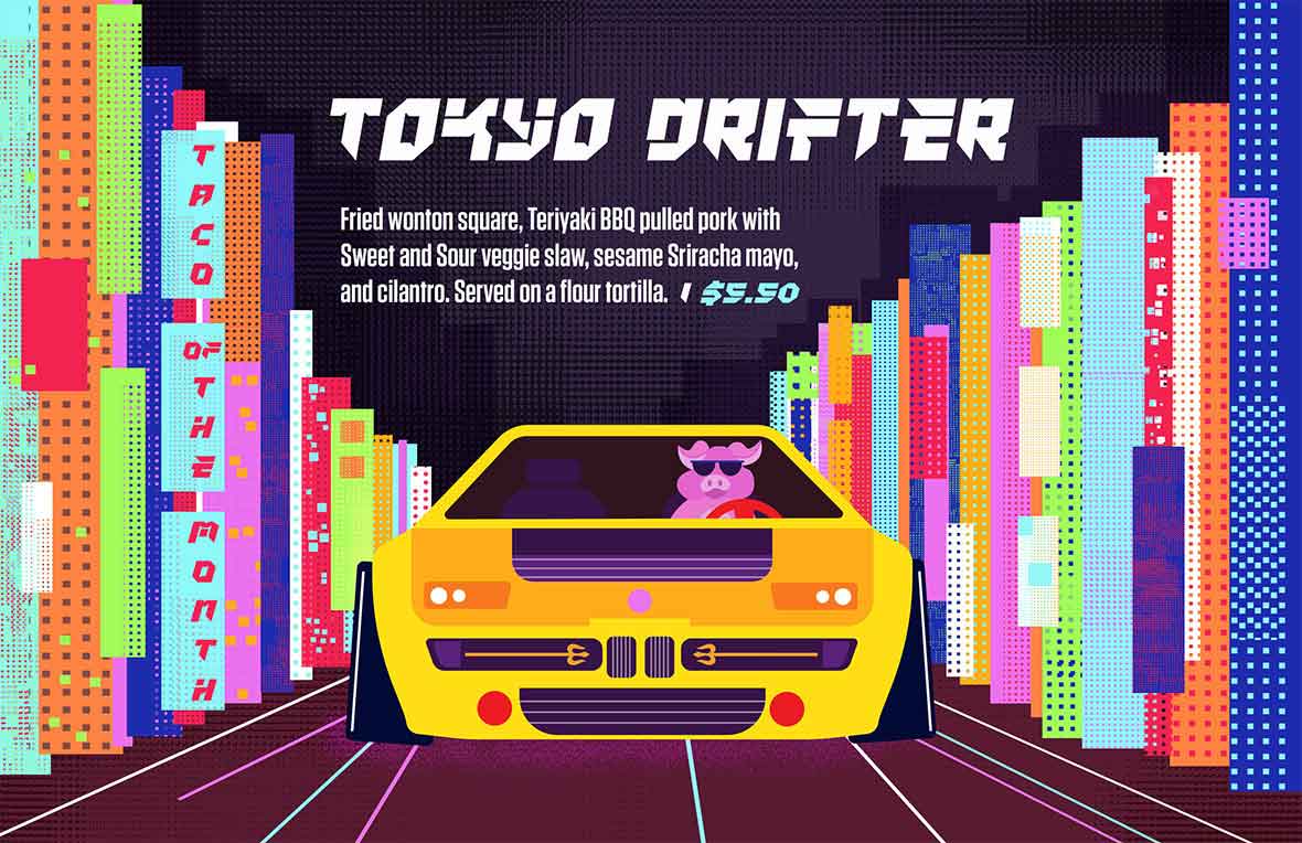 Graphic design poster for Torchy's Tacos Taco of the Month, The Tokyo Drifter, version 1