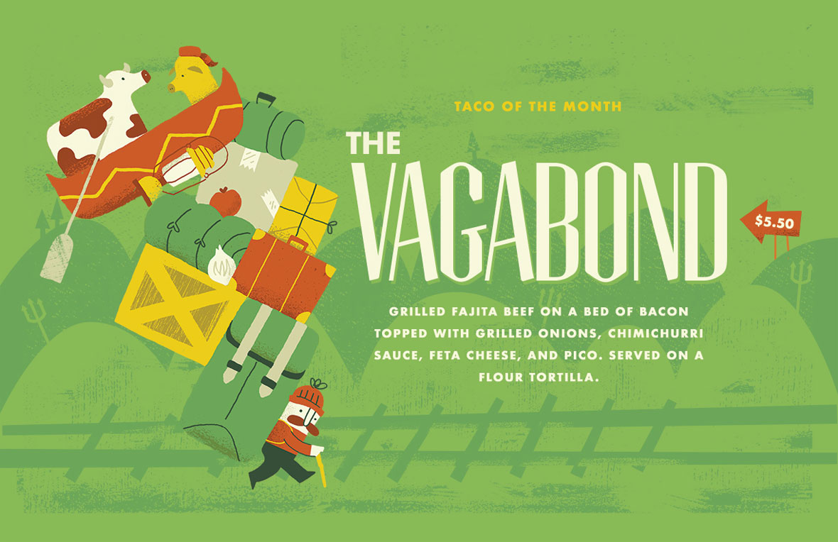 Graphic design poster for Torchy's Tacos Taco of the Month, The Vagabond, version 2