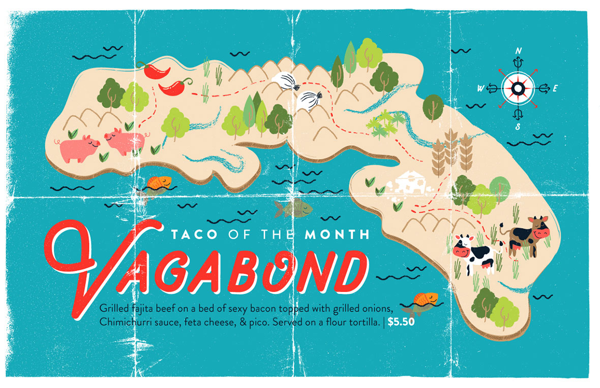Graphic design poster for Torchy's Tacos Taco of the Month, The Vagabond, version 1