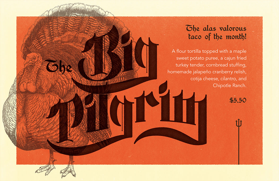 Graphic design poster for Torchy's Tacos Taco of the Month, The Big Pilgrim, version 1