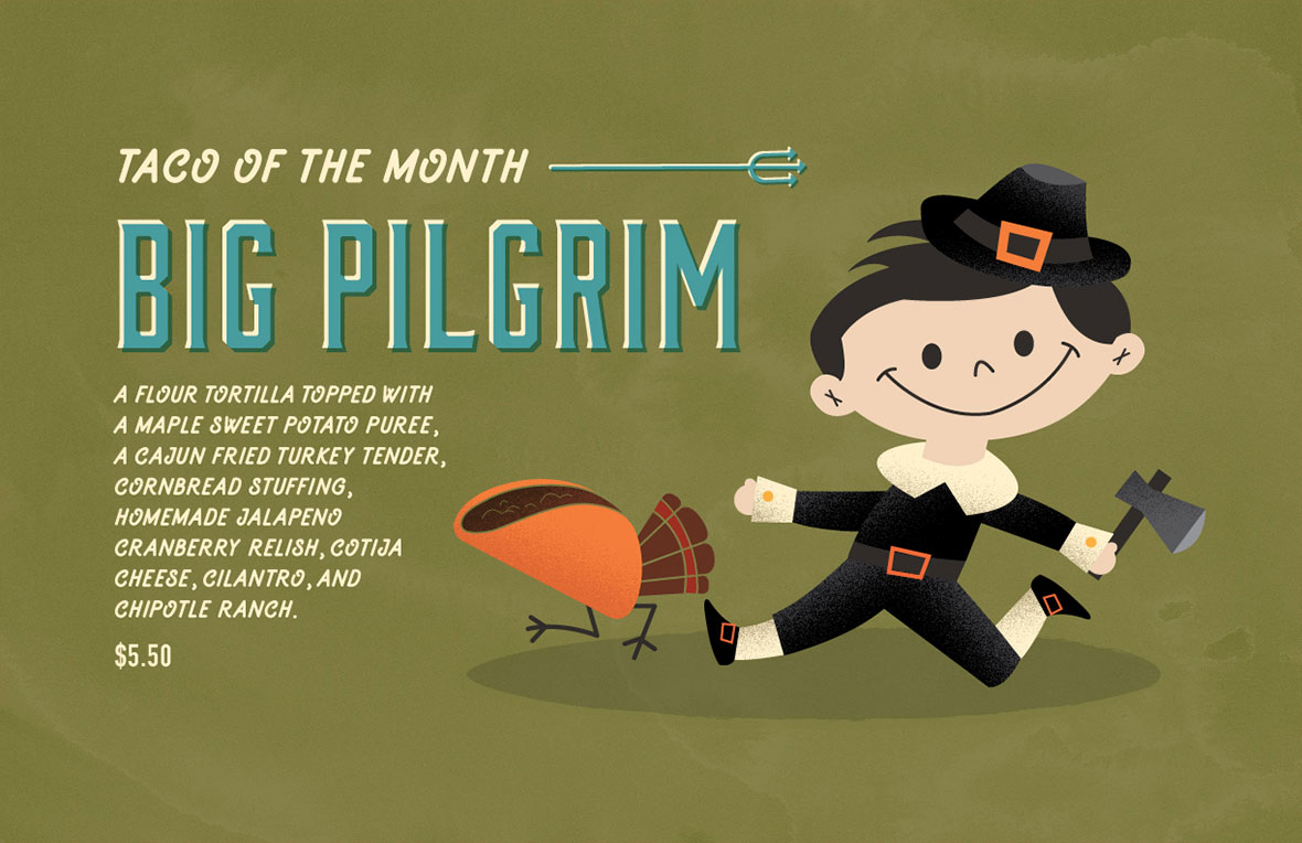 Graphic design poster for Torchy's Tacos Taco of the Month, The Big Pilgrim, version 2