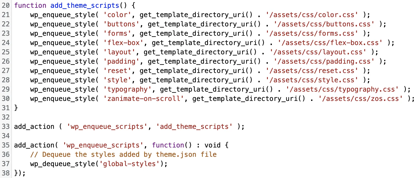 Screenshot of functions.php file showing stylesheets enqueued.