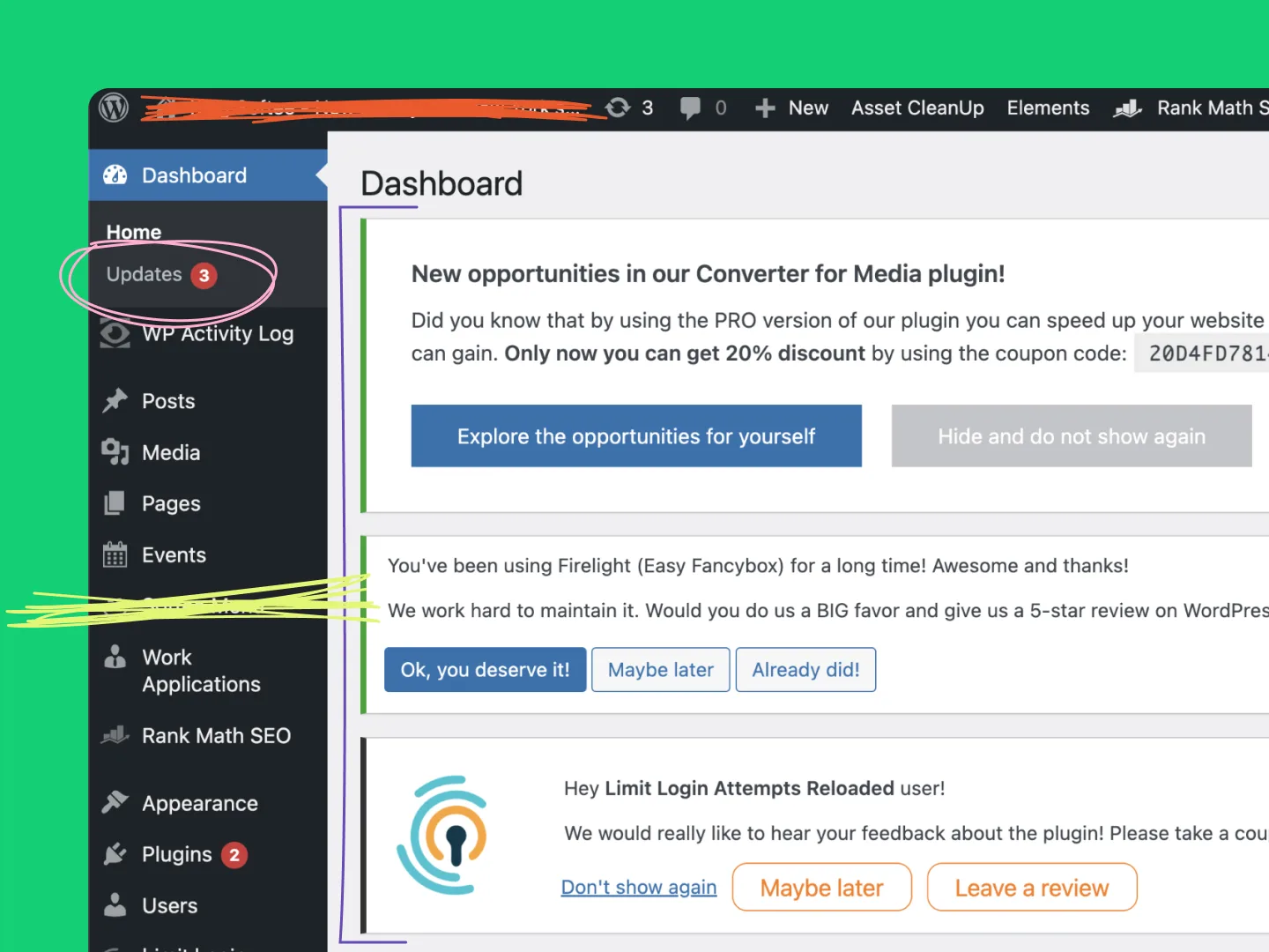 A messy WordPress dashboard.