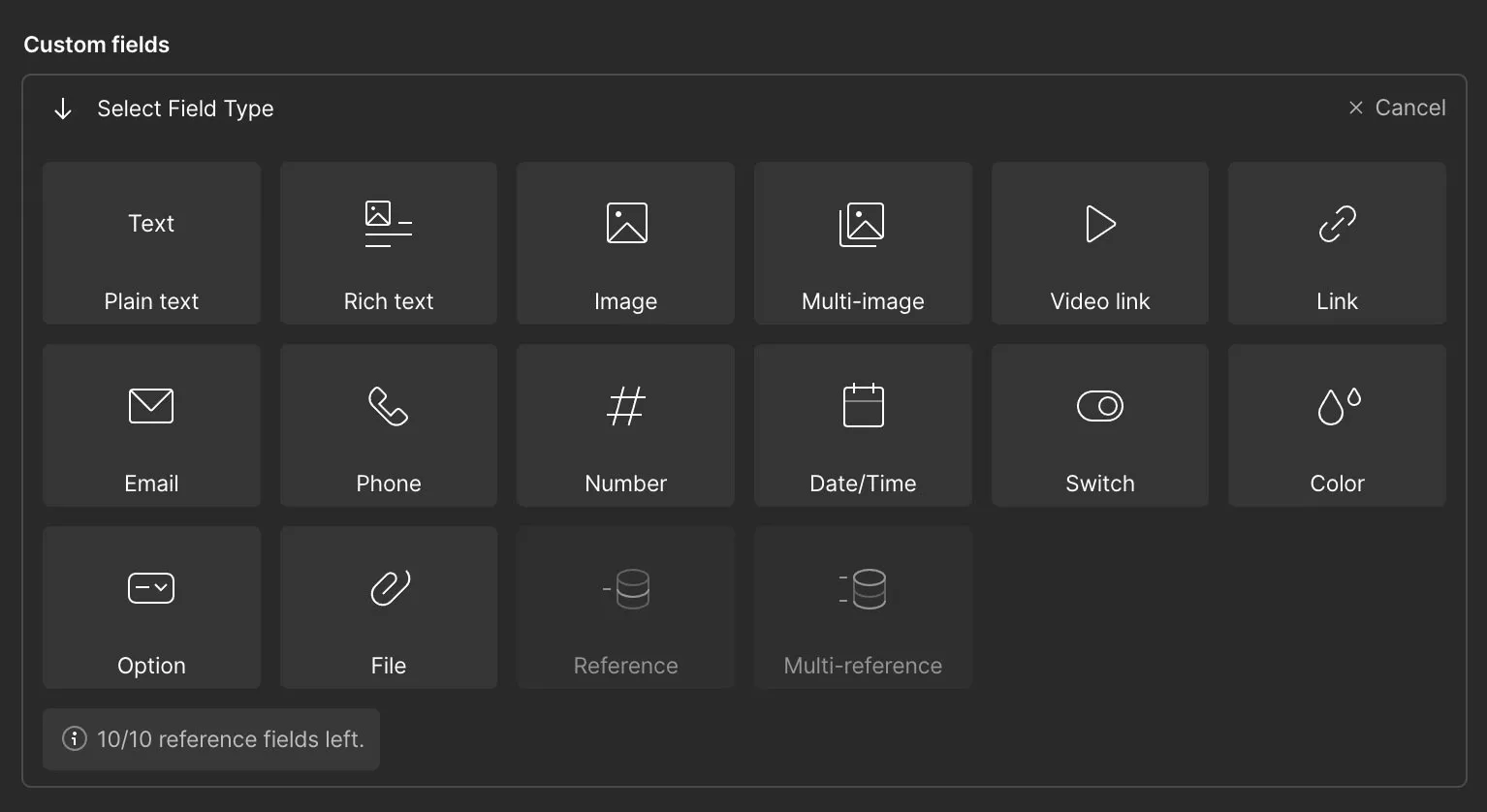 Absence of repeater or complex fields in Webflow’s CMS library custom fields menu.