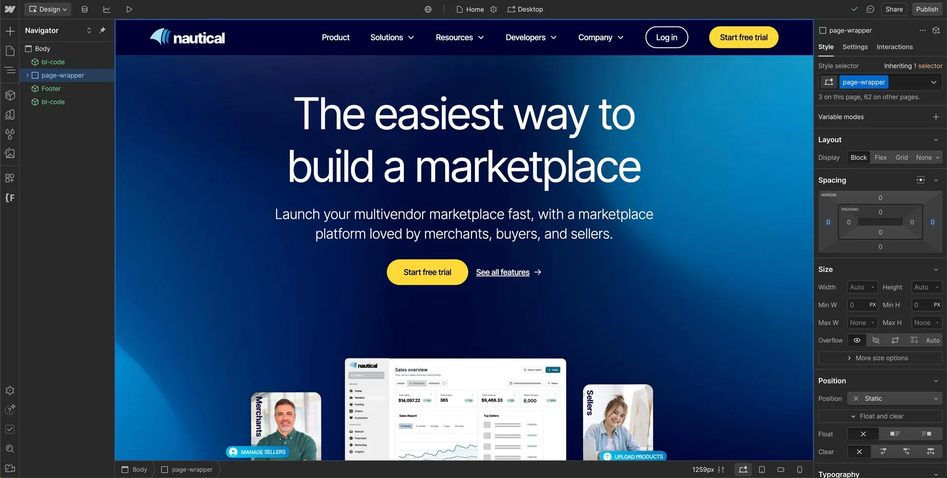 Webflow Designer interface for Tilted Chair client Nautical Commerce.