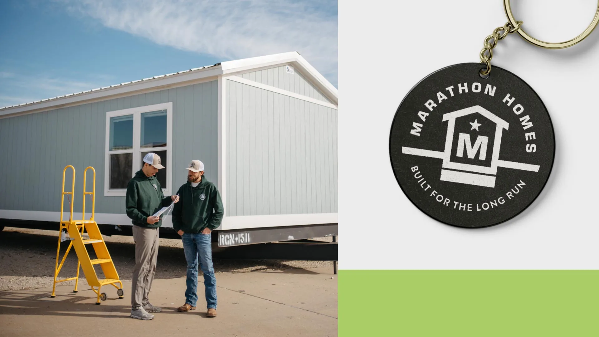 Key graphic depicting two Marathon Homes workers in branded hoodies in front of a manufactured home. The right third of the image displays a Marathon Homes keychain.
