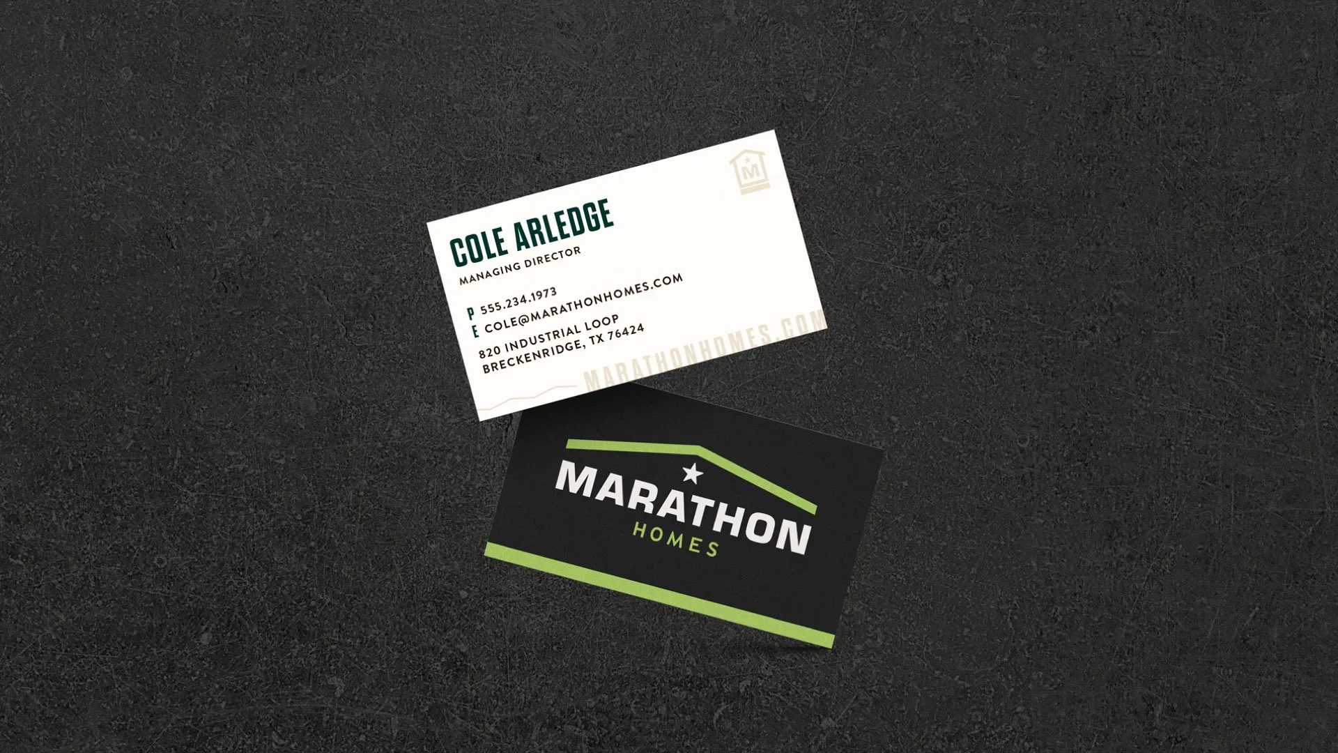 Business card design for Marathon Homes by Austin branding agency Tilted Chair.