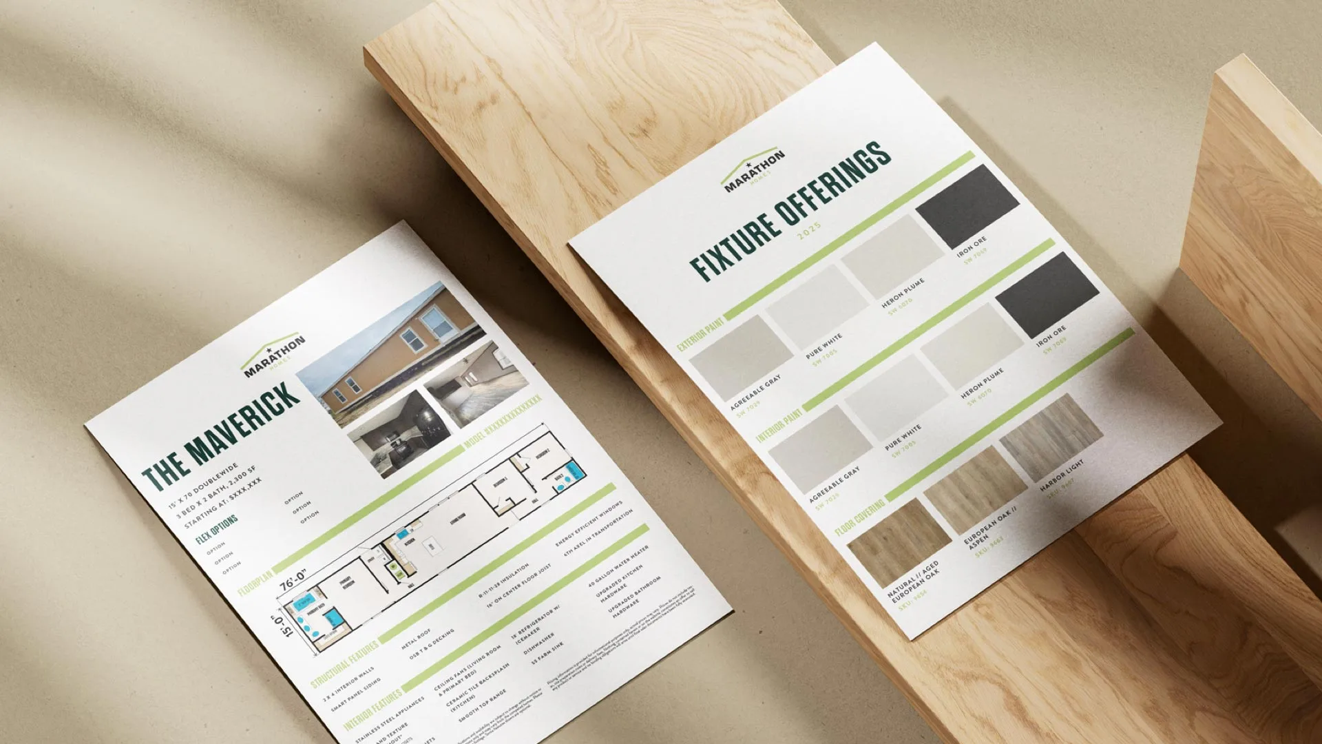 Mock up of two sales sheets, one displaying all the key details of a manufactured home layout (including three pictures of the floorpan, a blueprint, structural features, and interior features), the other showing different finishes available on the floorpan.