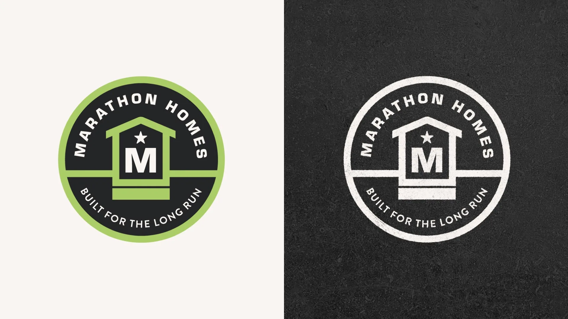 Another image of Marathon Homes’s tertiary logo in full color and in white on black.