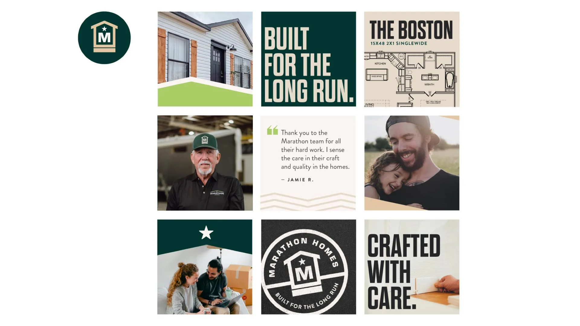 Grid of social media templates (3 rows by 3 columns) for Marathon Homes.