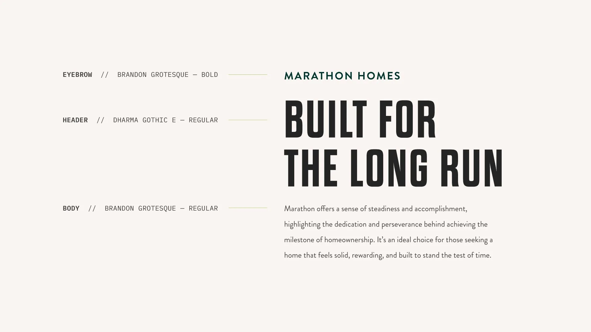 Typography suite for Marathon Homes including fonts like Brandon Grotesque & Dharma.