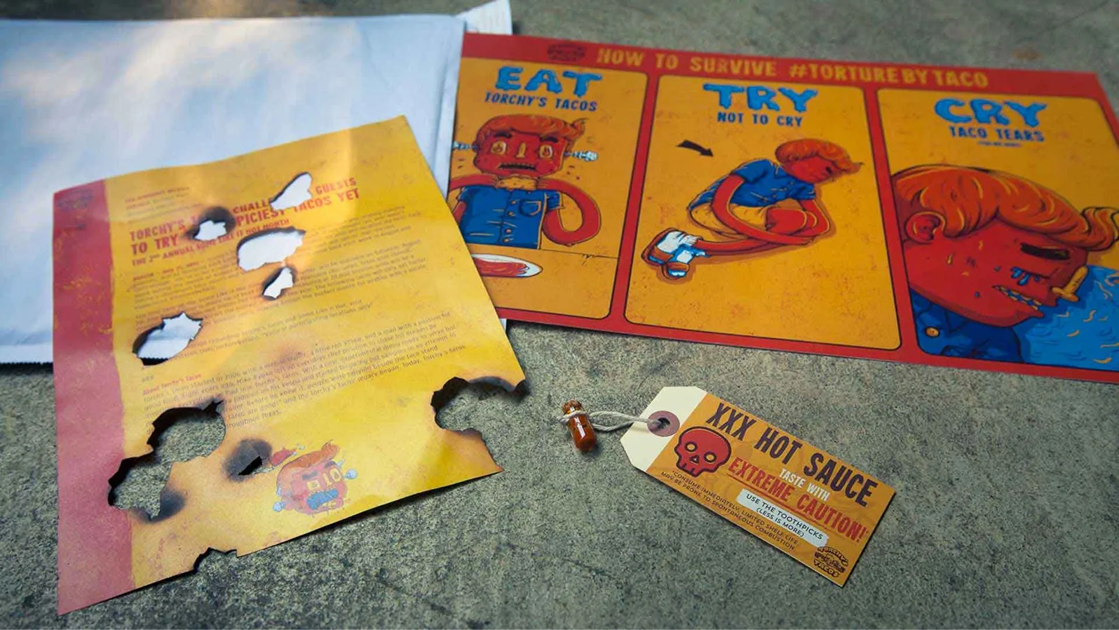 Burned Torchy's Tacos Some like it hot PR kit by Tilted Chair