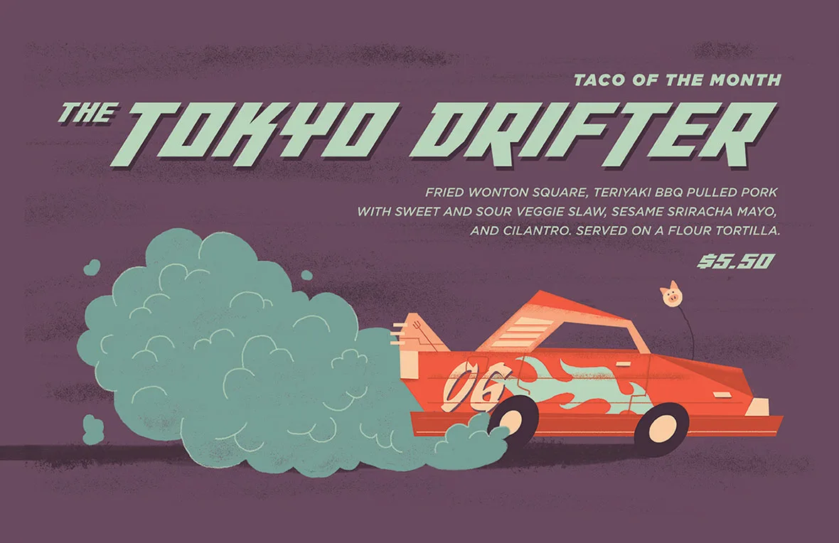 racecar graphic to promote torchy's taco of the month: tokyo drifer