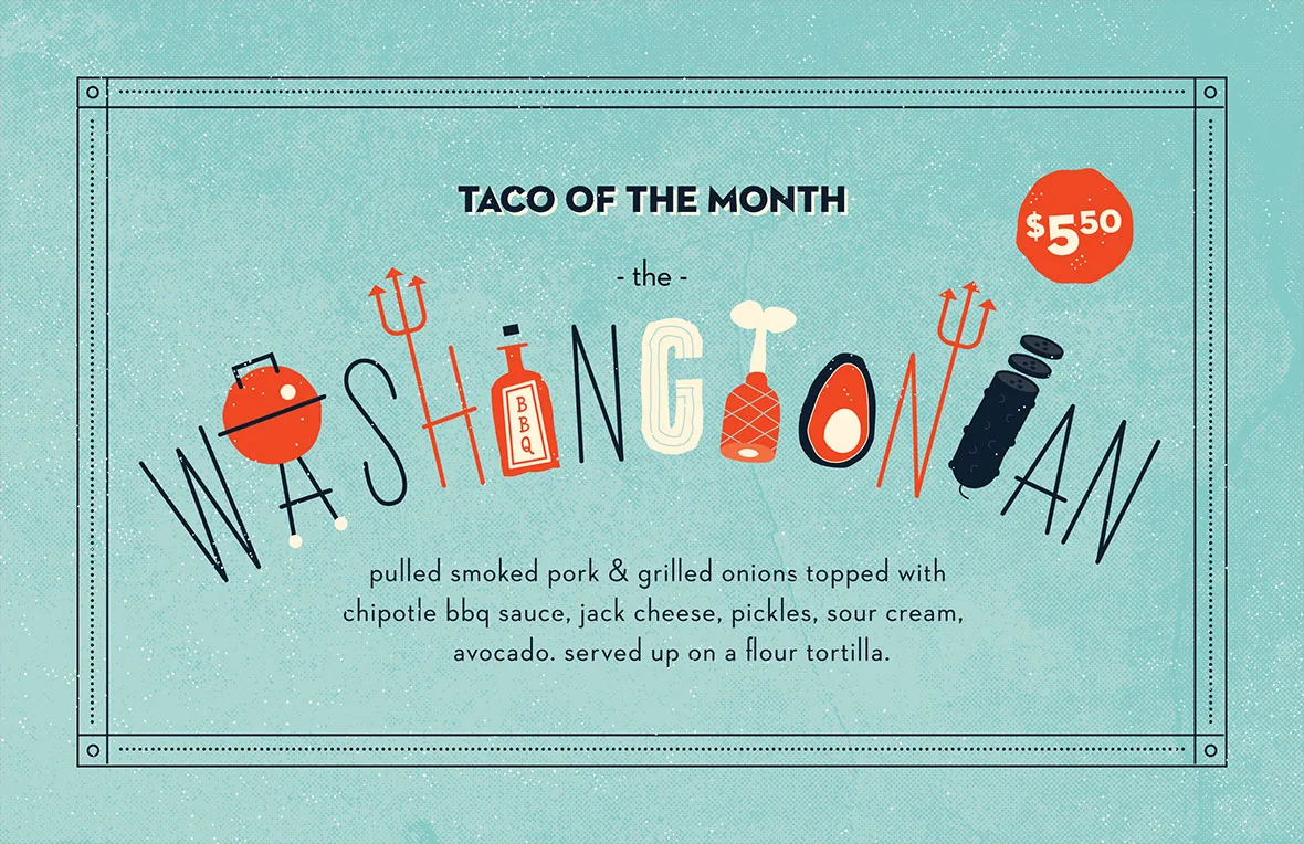 Teal graphic for Torchy's Tacos Taco of the month, The Washingtonian, PULLED SMOKED PORK & GRILLED ONIONS TOPPED WITH CHIPOTLE BBQ SAUCE JACK CHEESE, PICKLES, SOUR CREAM, & AVOCADO. SERVED ON A FLOUR TORTILLA.