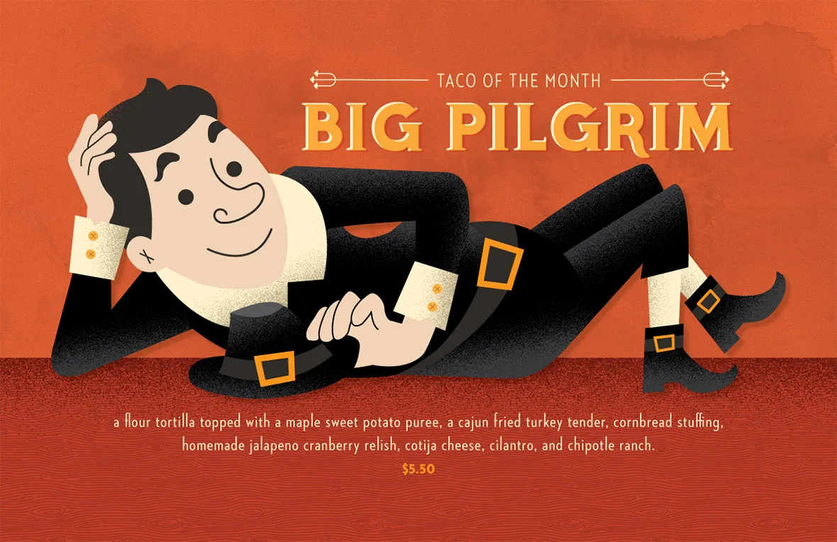 Graphic to promote torchy's taco of the month: big pilgrm