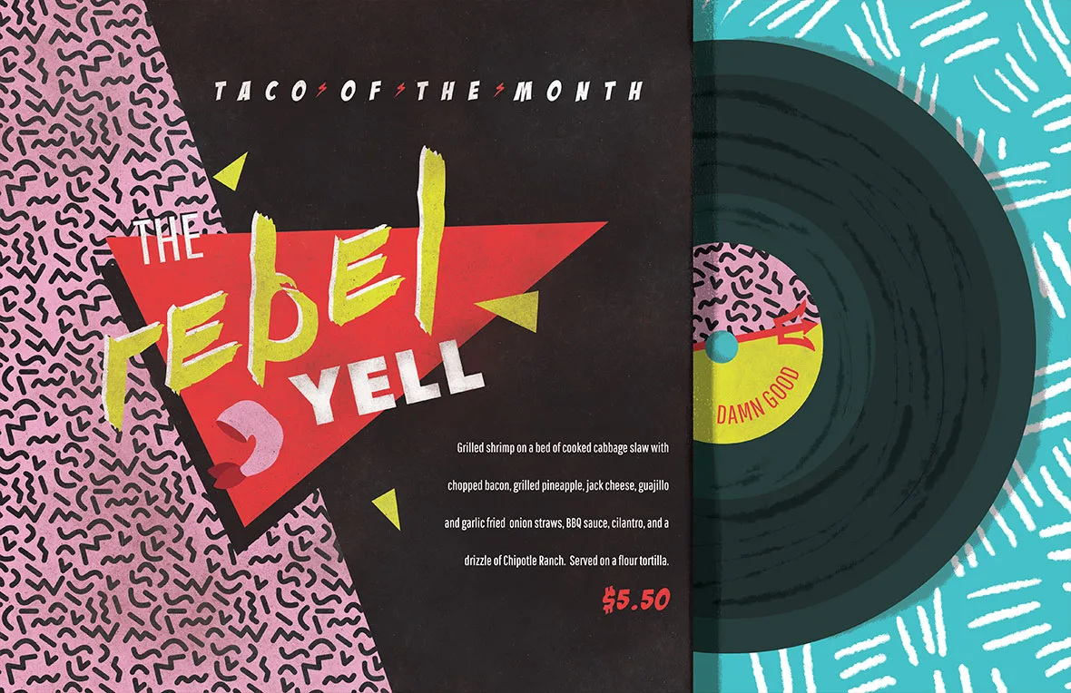 Groovy 80s themed graphic to promote torchy's taco of the month: Rebel Yell