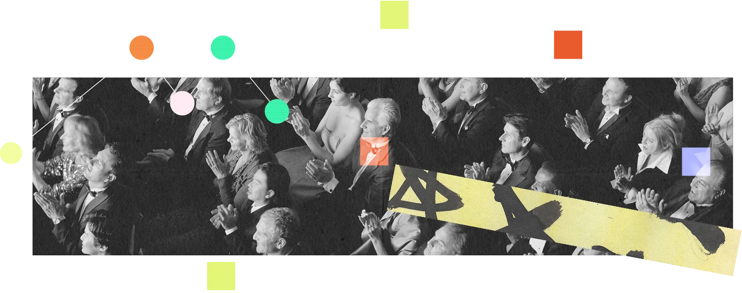 Artistic collage featuring a black-and-white image of people in a crowded theater clapping, overlaid with rudimentary shapes & lines.