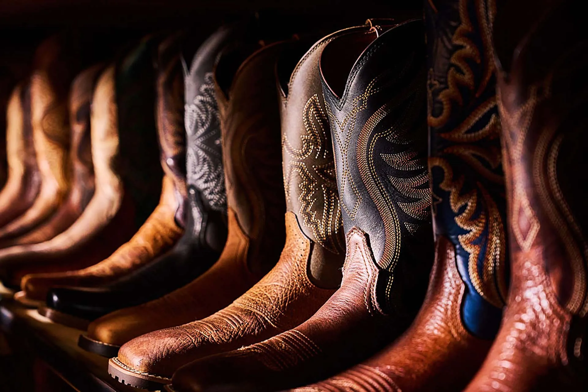 Up close shot of different leather Cavender's boots