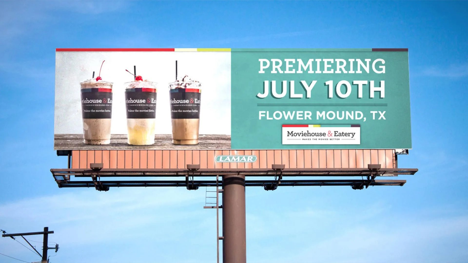 Milkshake billboard promoting opening of Moviehouse Flowermound location